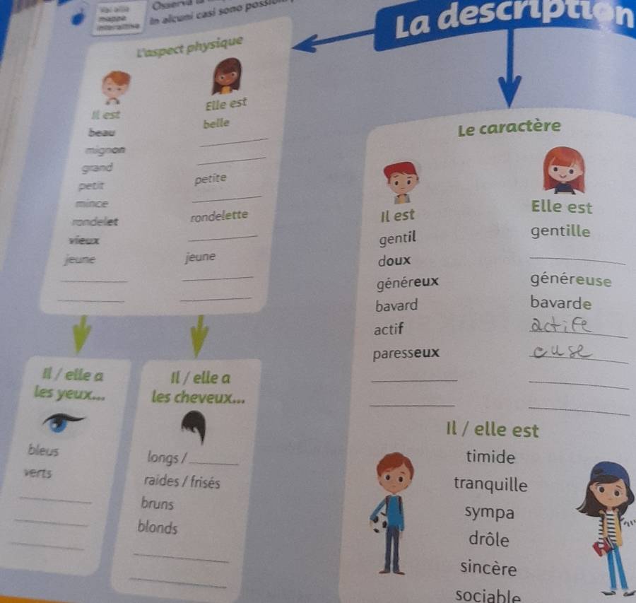 Vac allla Oseral
m de In alcuni casí sono possi ó 
n ahe La description
L'aspect physique
Elle est
Il est
belle
_
beau
Le caractère
mignon
grand
_
_
petit
petite
mince Elle est
randelet
rondelette Il est
vieux _gentil gentille
jeune jeune doux
_
_
_
_
_
généreux généreuse
bavard bavarde
actif
_
paresseux
_
Il / elle a Il / elle a
_
_
_
les yeux... les cheveux...
_
Il / elle est
bleus longs /_ timide
_
verts raides / frisés tranquille
_bruns sympa
_
_blonds drôle
_
sincère
sociable