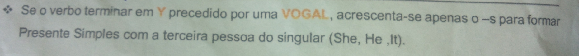 Se o verbo terminar em Y precedido por uma VOGAL, acrescenta-se apenas o -s para formar 
Presente Simples com a terceira pessoa do singular (She, He ,It).