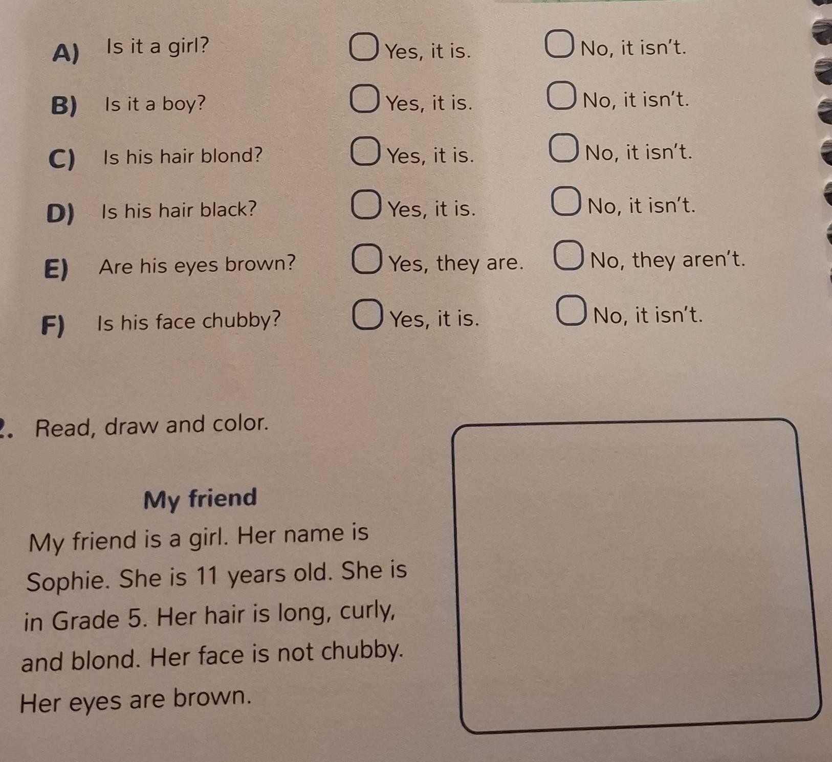 Is it a girl? Yes, it is. No, it isn't.
B) Is it a boy? Yes, it is. No, it isn't.
C) Is his hair blond? Yes, it is. No, it isn't.
D) Is his hair black? Yes, it is. No, it isn't.
E) Are his eyes brown? Yes, they are. No, they aren't.
F) Is his face chubby? Yes, it is.
No, it isn't.
. Read, draw and color.
My friend
My friend is a girl. Her name is
Sophie. She is 11 years old. She is
in Grade 5. Her hair is long, curly,
and blond. Her face is not chubby.
Her eyes are brown.