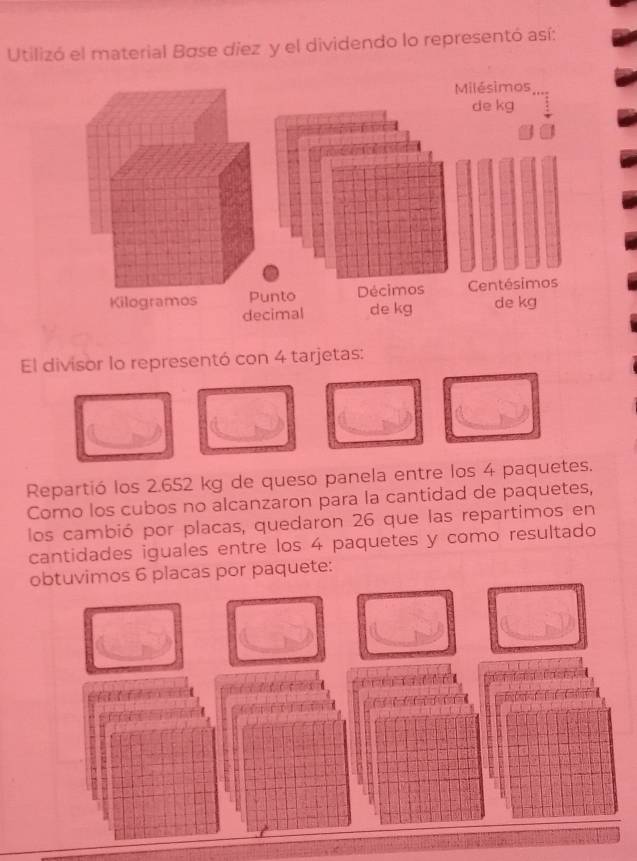 Utilizó el material Bøse diez y el dividendo lo representó así: 
El divisor lo representó con 4 tarjetas: 
Repartió los 2.652 kg de queso panela entre los 4 paquetes. 
Como los cubos no alcanzaron para la cantidad de paquetes, 
los cambió por placas, quedaron 26 que las repartimos en 
cantidades iguales entre los 4 paquetes y como resultado 
obtuvimos 6 placas por paquete: