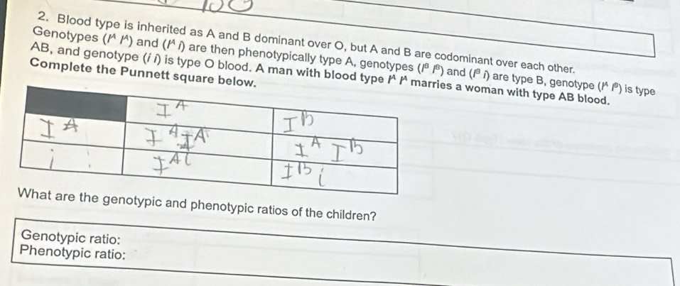 Blood type is inherited as A and B dominant over O, but A and B are codominant over each other. 
Genotypes (I^AI^A ) and (/ª í) are then phenotypically type A, genotypes (l^8l^8) are type B, genotype (!ª /ª) is type 
and (i^8i)
Complete the Punnett square below
AB, and genotype (/ í) is type O blood. A man with blood type /ª /ª mas a woman with type AB blood. 
enotypic and phenotypic ratios of the children? 
Genotypic ratio: 
Phenotypic ratio: