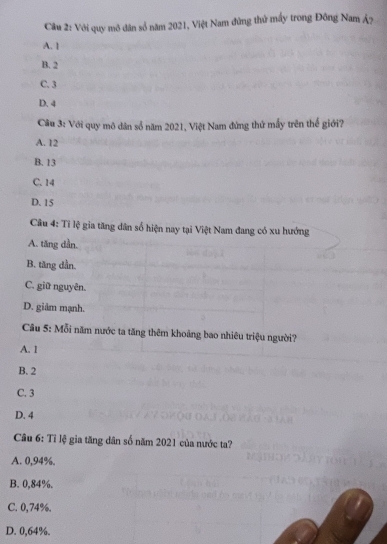Với quy mô dân số năm 2021, Việt Nam đứng thử mấy trong Đông Nam Â?
A. 1
B. 2
C. 3
D. 4
Câu 3: Với quy mô dân số năm 2021, Việt Nam đứng thứ mấy trên thế giới?
A. 12
B. 13
C. 14
D. 15
Câu 4: Tỉ lệ gia tăng dân số hiện nay tại Việt Nam đang có xu hướng
A. tăng dần.
B. tăng dần.
C. giữ nguyên.
D. giâm mạnh.
Câu 5: Mỗi năm nước ta tăng thêm khoảng bao nhiêu triệu người?
A. 1
B. 2
C. 3
D. 4
Câu 6: Tỉ lệ gia tăng dân số năm 2021 của nước ta?
A. 0,94%.
B. 0,84%.
C. 0,74%.
D. 0,64%.