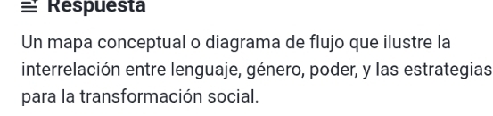 Respuesta 
Un mapa conceptual o diagrama de flujo que ilustre la 
interrelación entre lenguaje, género, poder, y las estrategias 
para la transformación social.