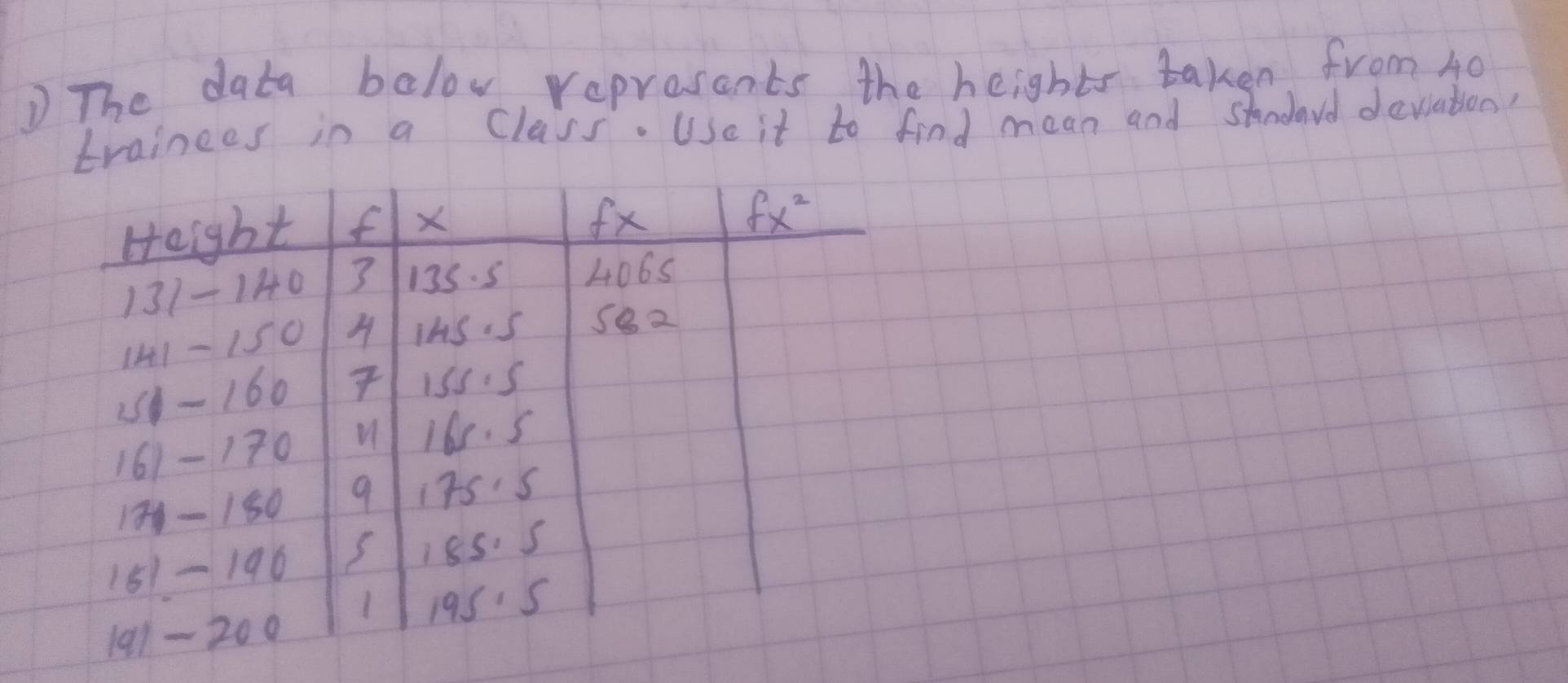 The data balov rapresants the heights taken from 40
trainees in a Class. Use it to find mean and stndayd devation?