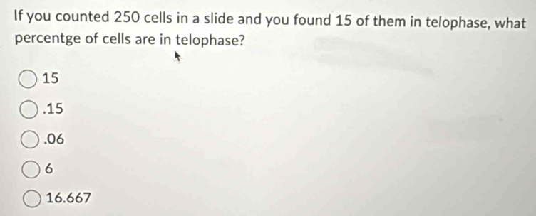 If you counted 250 cells in a slide and you found 15 of them in telophase, what
percentge of cells are in telophase?
15 . 15 . 06
6
16.667