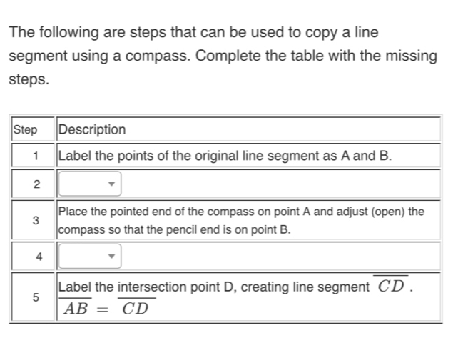 The following are steps that can be used to copy a line
segment using a compass. Complete the table with the missing
steps.