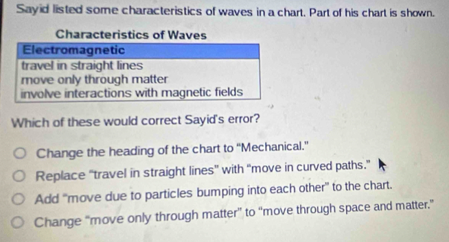 Sayid listed some characteristics of waves in a chart. Part of his chart is shown.
Which of these would correct Sayid's error?
Change the heading of the chart to “Mechanical.”
Replace “travel in straight lines” with “move in curved paths.”
Add “move due to particles bumping into each other” to the chart.
Change “move only through matter” to “move through space and matter.”