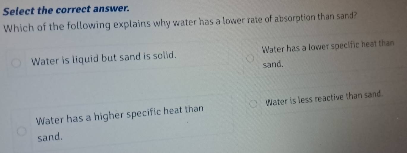 Select the correct answer.
Which of the following explains why water has a lower rate of absorption than sand?
Water is liquid but sand is solid. Water has a lower specific heat than
sand.
Water has a higher specific heat than Water is less reactive than sand.
sand.