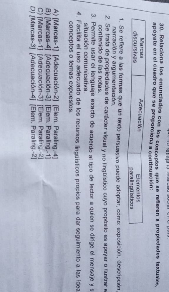 to renieja la realidãd sociar enr er pars
30. Relaciona los enunciados con los conceptos que se refieren a propiedades textuales,
apóyate en el cuadro que se proporciona a continuación:
1. Se refiere a las formas que un texto persuasivo puede adoptar, como: exposición, descripción,
narración y argumentación.
2. Se trata de propiedades de carácter visual y no lingüístico cuyo propósito es apoyar o ilustrar e
contenido de las notas.
3. Permite usar el lenguaje exacto de acuerdo al tipo de lector a quien se dirige el mensaje y s
situación comunicativa.
4. Facilita el uso adecuado de los recursos lingüísticos propios para dar seguimiento a las idea
conceptos o temas expuestos.
A) [Marcas-1] [Adecuación-2] [Elem. Paraling.-4]
B) [Marcas-4] [Adecuación-3] [Elem. Paraling.-1]
C) [Marcas-1] [Adecuación-3] [Elem. Paraling.-2]
D) [Marcas-3] [Adecuación-4] [Elem. Paraling.-2]