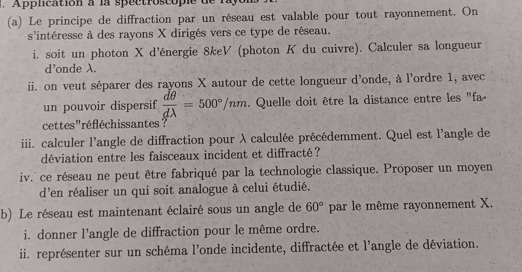 aApplication à la spectroscople de ry 
(a) Le principe de diffraction par un réseau est valable pour tout rayonnement. On 
s'intéresse à des rayons X dirigés vers ce type de réseau. 
i. soit un photon X d’énergie 8keV (photon K du cuivre). Calculer sa longueur 
d'onde λ. 
ii. on veut séparer des rayons X autour de cette longueur d'onde, à l'ordre 1, avec 
un pouvoir dispersif  dθ /dlambda  =500°/nm. Quelle doit être la distance entre les "a 
cettes"réfléchissantes ? 
iiii. calculer l'angle de diffraction pour λ calculée précédemment. Quel est l'angle de 
déviation entre les faisceaux incident et diffracté? 
iv. ce réseau ne peut être fabriqué par la technologie classique. Proposer un moyen 
d'en réaliser un qui soit analogue à celui étudié. 
b) Le réseau est maintenant éclairé sous un angle de 60° par le même rayonnement X. 
i. donner l'angle de diffraction pour le même ordre. 
ii. représenter sur un schéma l'onde incidente, diffractée et l'angle de déviation.