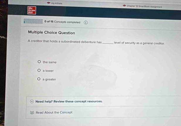 my.AState
Chapter 10 SmartBook Assignment
Mc
Graw
Hill
0 of 15 Concepts completed
Multiple Choice Question
A creditor that holds a subordinated debenture has _level of security as a general creditor.
the same
a lower
a greater
Need help? Review these concept resources.
Read About the Concept