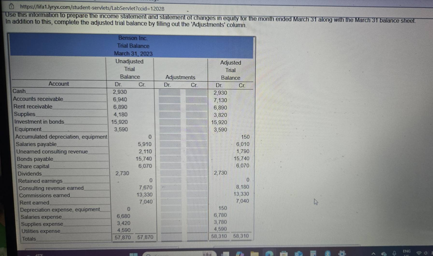 Use this information to prepare the income statement and statement of changes in equity for the month ended March 31 along with the March 31 balance sheet.
In addition to this, complete the adjusted trial balance by filling out the 'Adjustments' column