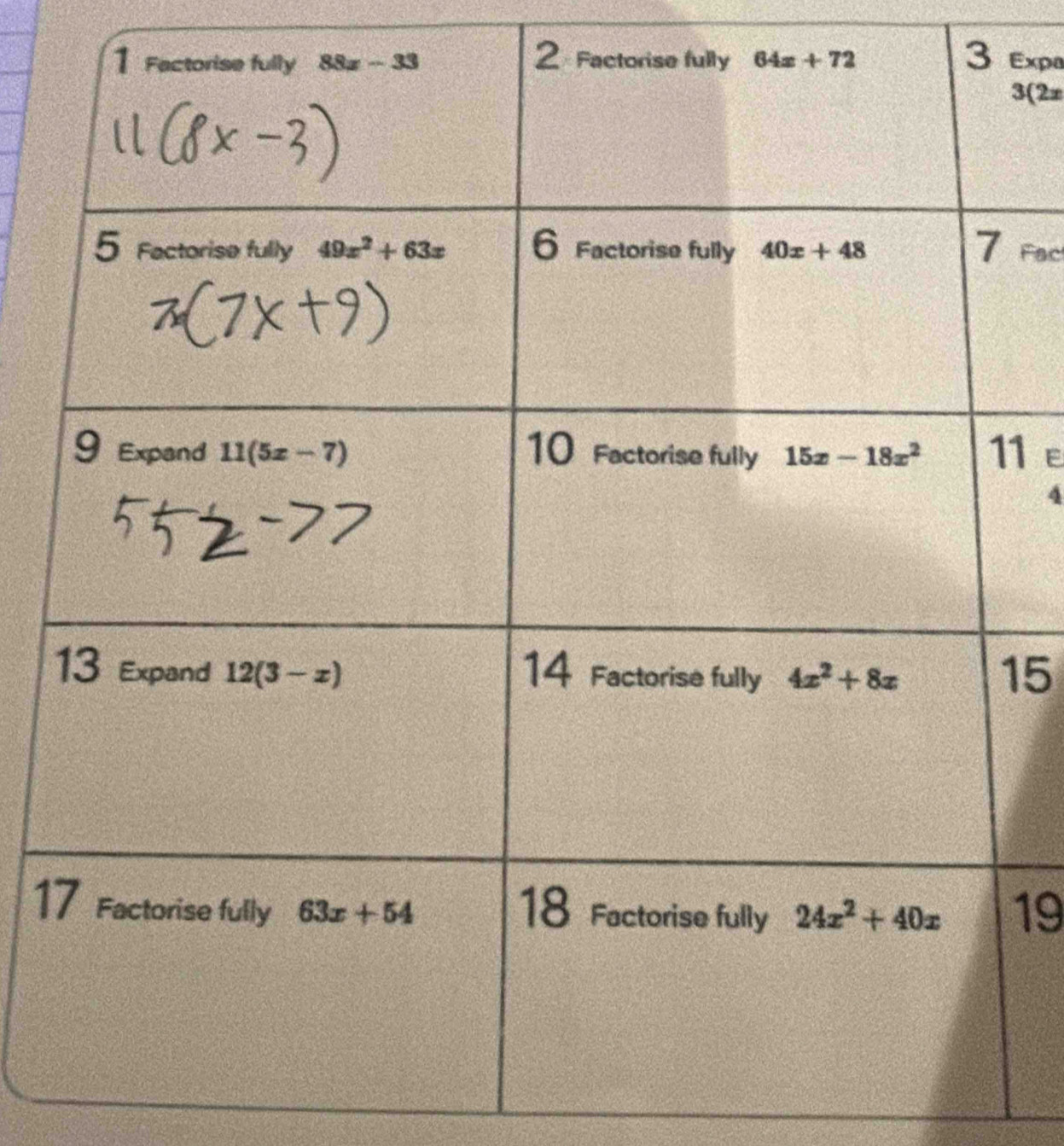 Fact
3 Expa
3(2x
Fac
1 E
4
15
119