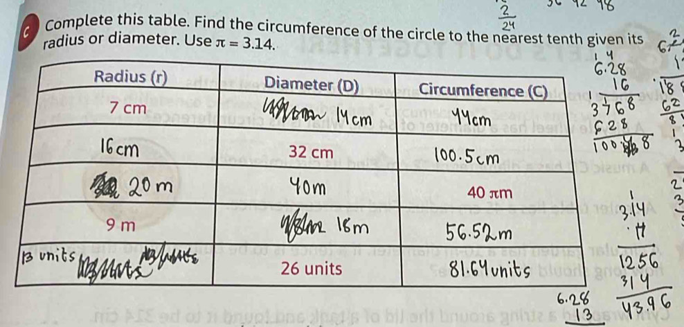 Complete this table. Find the circumference of the circle to the nearest tenth given its 
radius or diameter. Use π =3.14.