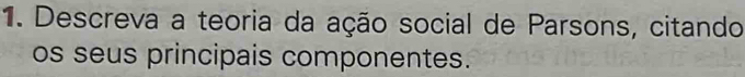 Descreva a teoria da ação social de Parsons, citando 
os seus principais componentes.