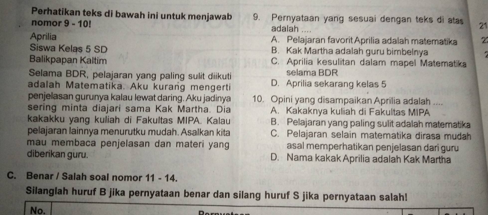 Perhatikan teks di bawah ini untuk menjawab 9. Pernyataan yang sesuai dengan teks di atas 21
nomor 9 - 10! adalah ....
Aprilia A. Pelajaran favorit Aprilia adalah matematika 2
Siswa Kelas 5 SD B. Kak Martha adalah guru bimbelnya
Balikpapan Kaltim C. Aprilia kesulitan dalam mapel Matematika
Selama BDR, pelajaran yang paling sulit diikuti
selama BDR
adalah Matematika. Aku kurang mengerti
D. Aprilia sekarang kelas 5
penjelasan gurunya kalau lewat daring. Aku jadinya 10. Opini yang disampaikan Aprilia adalah ....
sering minta diajari sama Kak Martha. Dia A. Kakaknya kuliah di Fakultas MIPA
kakakku yang kuliah di Fakultas MIPA. Kalau B. Pelajaran yang paling sulit adalah matematika
pelajaran lainnya menurutku mudah. Asalkan kita C. Pelajaran selain matematika dirasa mudah
mau membaca penjelasan dan materi yang . asal memperhatikan penjelasan dari guru 
diberikan guru. D. Nama kakak Aprilia adalah Kak Martha
C. Benar / Salah soal nomor 11 - 14.
Silanglah huruf B jika pernyataan benar dan silang huruf S jika pernyataan salah!
No.