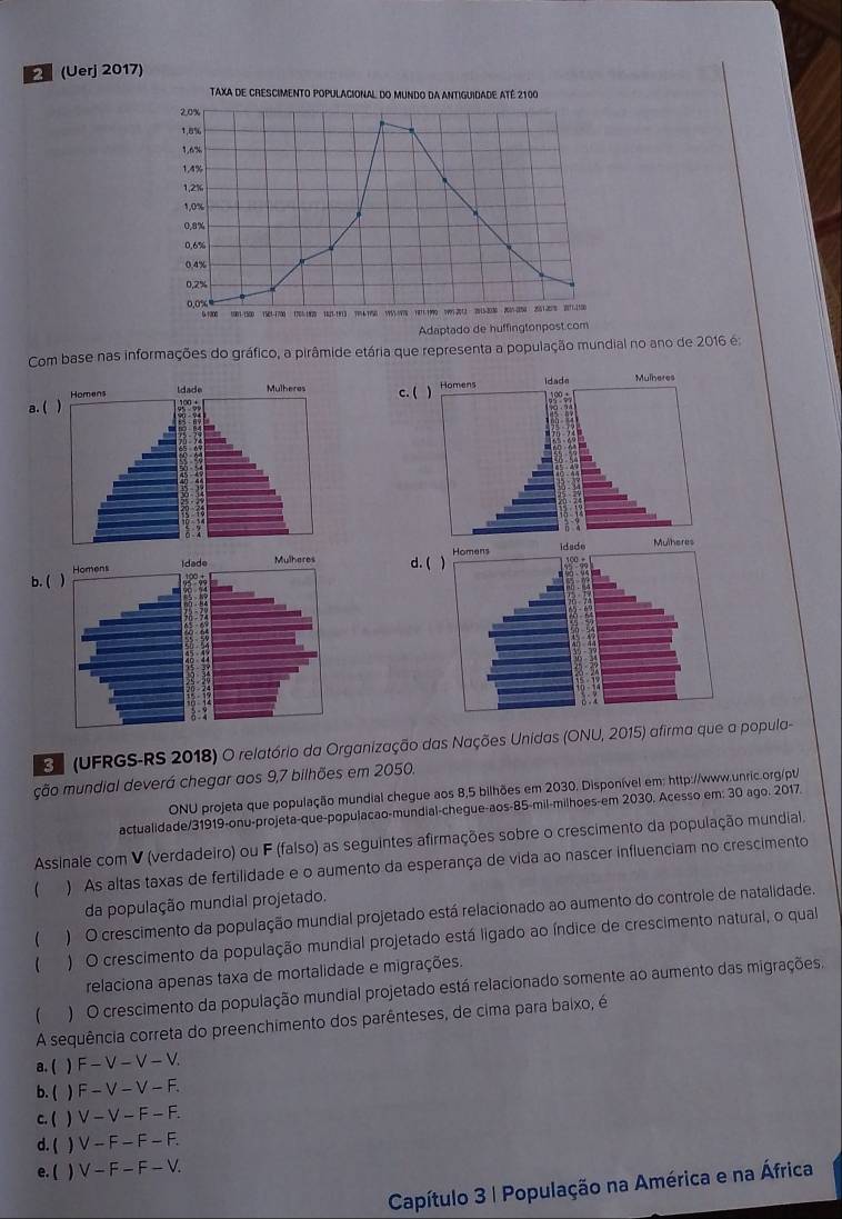 2 (Uerj 2017
Com base nas informações do gráfico, a pirâmide etária que representa a população mundial no ano de 2016 é
idade
a.(c. ( ) Homens Mulheres
Homens I d. ( 
b. ( )
E (UFRGS-RS 2018) O relatório da Organização das Nações Unidas (ONU, 2015) afirma que a popula-
ção mundial deverá chegar aos 9,7 bilhões em 2050.
ONU projeta que população mundial chegue aos 8,5 bilhões em 2030. Disponível em: http://www.unric.org/pt/
actualidade/31919-onu-projeta-que-populacao-mundial-chegue-aos-85-mil-milhoes-em 2030, Acesso em: 30 ago. 2017.
Assinale com V (verdadeiro) ou F (falso) as seguintes afirmações sobre o crescimento da população mundial.
 ) As altas taxas de fertilidade e o aumento da esperança de vida ao nascer influenciam no crescimento
da população mundial projetado.
 ) O crescimento da população mundial projetado está relacionado ao aumento do controle de natalidade.
 ) O crescimento da população mundial projetado está ligado ao índice de crescimento natural, o qual
relaciona apenas taxa de mortalidade e migrações.
 ) O crescimento da população mundial projetado está relacionado somente ao aumento das migrações.
A sequência correta do preenchimento dos parênteses, de cima para baixo, é
a. ( ) F-V-V-V.
b. ( ) F -V-V-F.
c. ( )  -V-F-F.
d. ( ) V-F-F-F
e. ( ) V-F-F-
Capítulo 3 | População na América e na África