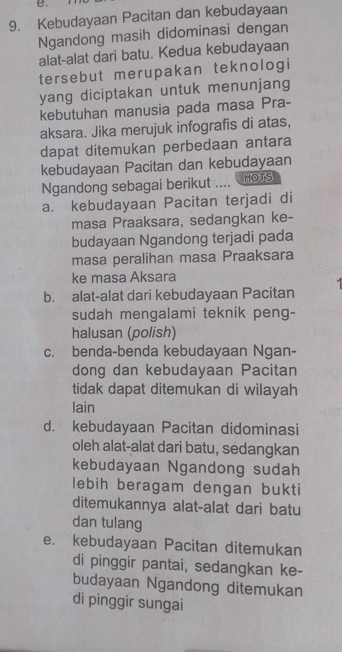 Kebudayaan Pacitan dan kebudayaan
Ngandong masih didominasi dengan
alat-alat dari batu. Kedua kebudayaan
tersebut merupakan teknologi
yang diciptakan untuk menunjang
kebutuhan manusia pada masa Pra-
aksara. Jika merujuk infografis di atas,
dapat ditemukan perbedaan antara
kebudayaan Pacitan dan kebudayaan
Ngandong sebagai berikut .... HOTS
a. kebudayaan Pacitan terjadi di
masa Praaksara, sedangkan ke-
budayaan Ngandong terjadi pada
masa peralihan masa Praaksara
ke masa Aksara

b. alat-alat dari kebudayaan Pacitan
sudah mengalami teknik peng-
halusan (polish)
c. benda-benda kebudayaan Ngan-
dong dan kebudayaan Pacitan
tidak dapat ditemukan di wilayah
lain
d. kebudayaan Pacitan didominasi
oleh alat-alat dari batu, sedangkan
kebudayaan Ngandong sudah
lebih beragam dengan bukti
ditemukannya alat-alat dari batu
dan tulang
e. kebudayaan Pacitan ditemukan
di pinggir pantai, sedangkan ke-
budayaan Ngandong ditemukan
di pinggir sungai