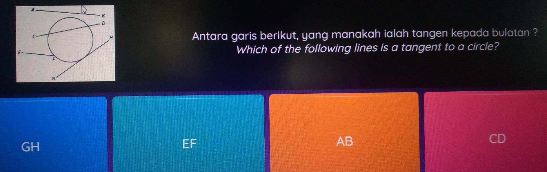 Antara garis berikut, yang manakah ialah tangen kepada bulatan ?
Which of the following lines is a tangent to a circle?
GH
AB