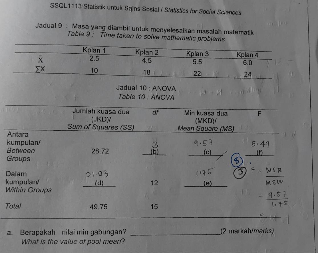 SSQL1113 Statistik untuk Sains Sosial / Statistics for Social Sciences
Jadual 9 : Masa yang diambil untuk menyelesaikan masalah matematik
Table 9 : Time taken to solve mathematic problems
Jadual 10 : ANOVA
Table 10 : ANOVA
k
T
a. Berapakah nilai min gabungan? _(2 markah/marks)
What is the value of pool mean?