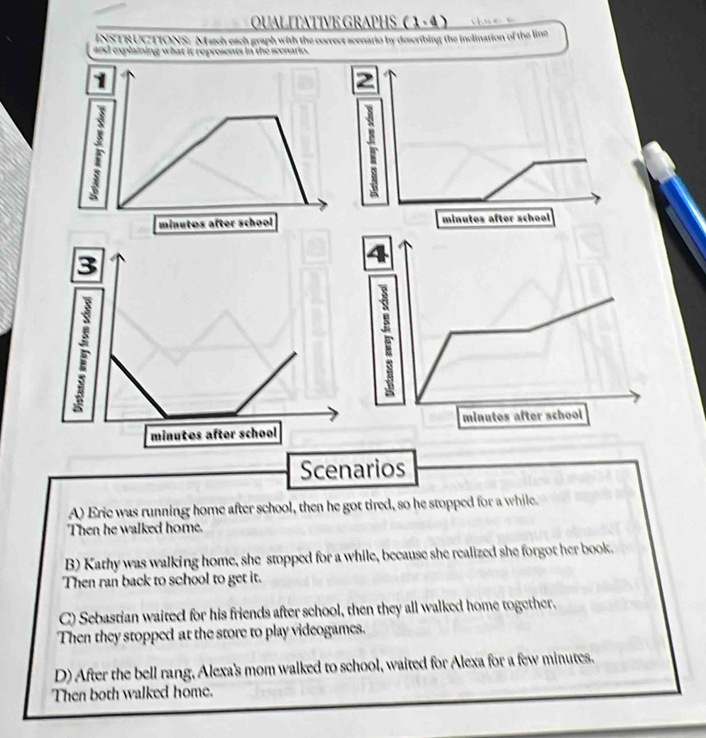 QUALITATIVE GRAPHS (1,4)
INSTRUCTIONS: Match each graph with the correct scenario by describing the inclination of the line
and explaining what it represents in the sconario.
3
4
minutes after school
minutes after school
Scenarios
A) Erie was running home after school, then he got tired, so he stopped for a while.
Then he walked home.
B) Kathy was walking home, she stopped for a while, because she realized she forgot her book.
Then ran back to school to get it.
C) Sebastian waited for his friends after school, then they all walked home together,
Then they stopped at the store to play videogames.
D) After the bell rang, Alexa's mom walked to school, waited for Alexa for a few minutes.
Then both walked home.