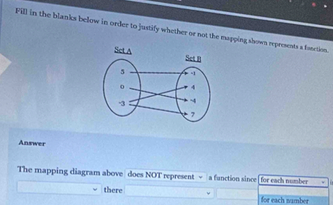 Fill in the blanks below in order to justify whether or not the mapping shown represents a fanction. 
Answer 
The mapping diagram above does NOT represent √ a function since[ for each number 
there for each number