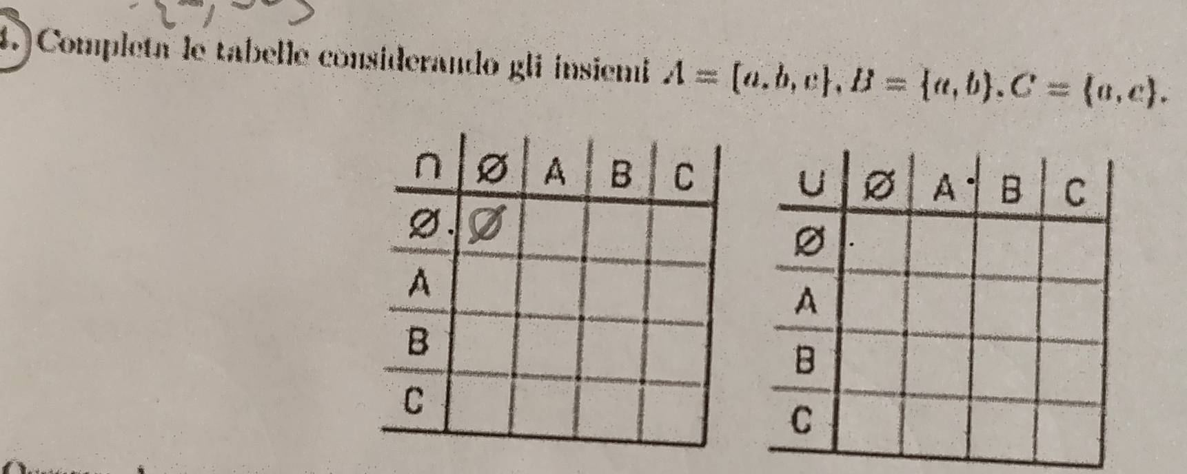 4.)Completa le tabelle considerando gli insiemi A= a,b,c , B= a,b. C= a,c.