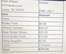 Auto Repair Invoice 
# 
L 
I 
P 
B 
F