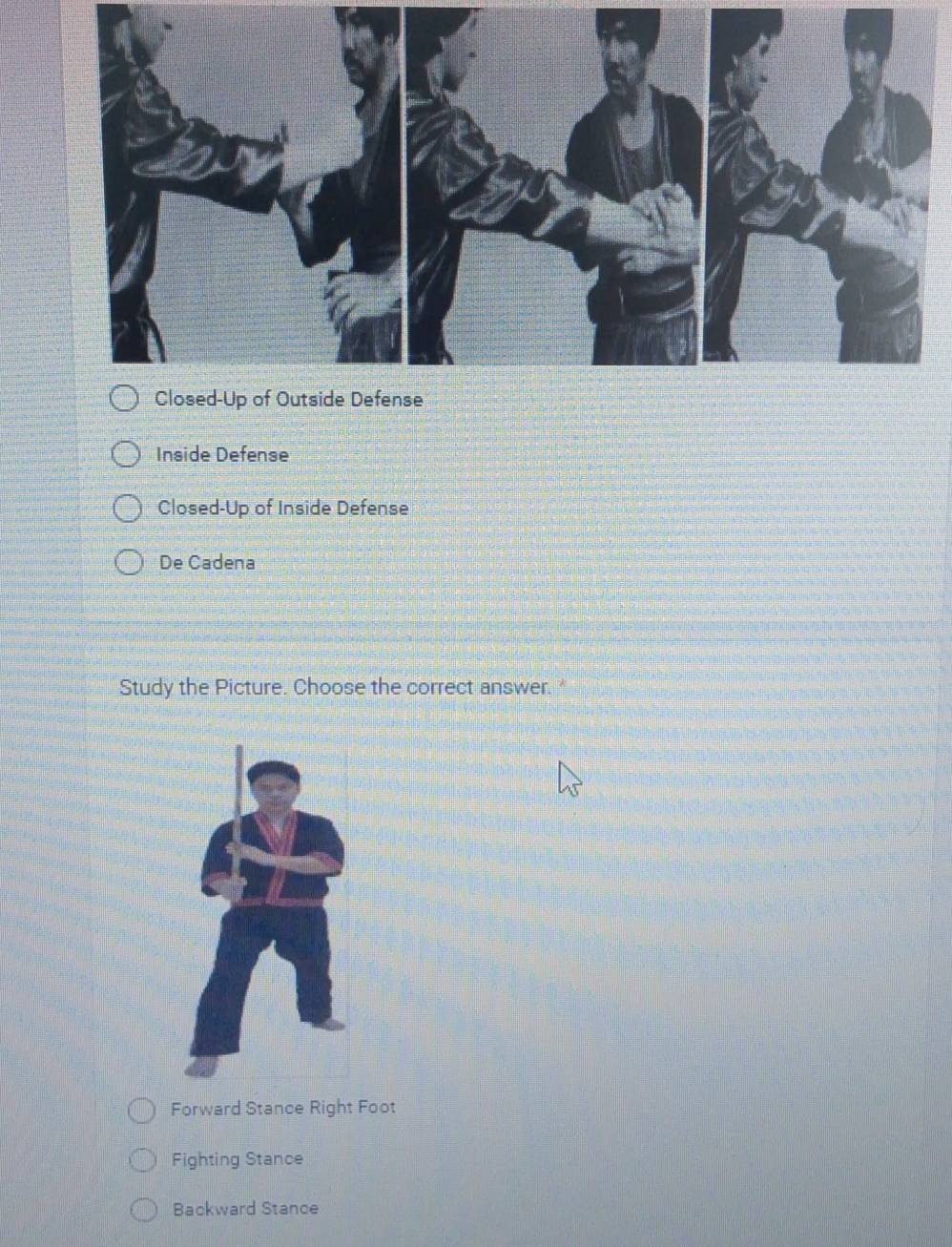 Inside Defense
Closed-Up of Inside Defense
De Cadena
Study the Picture. Choose the correct answer. *
Forward Stance Right Foot
Fighting Stance
Backward Stance