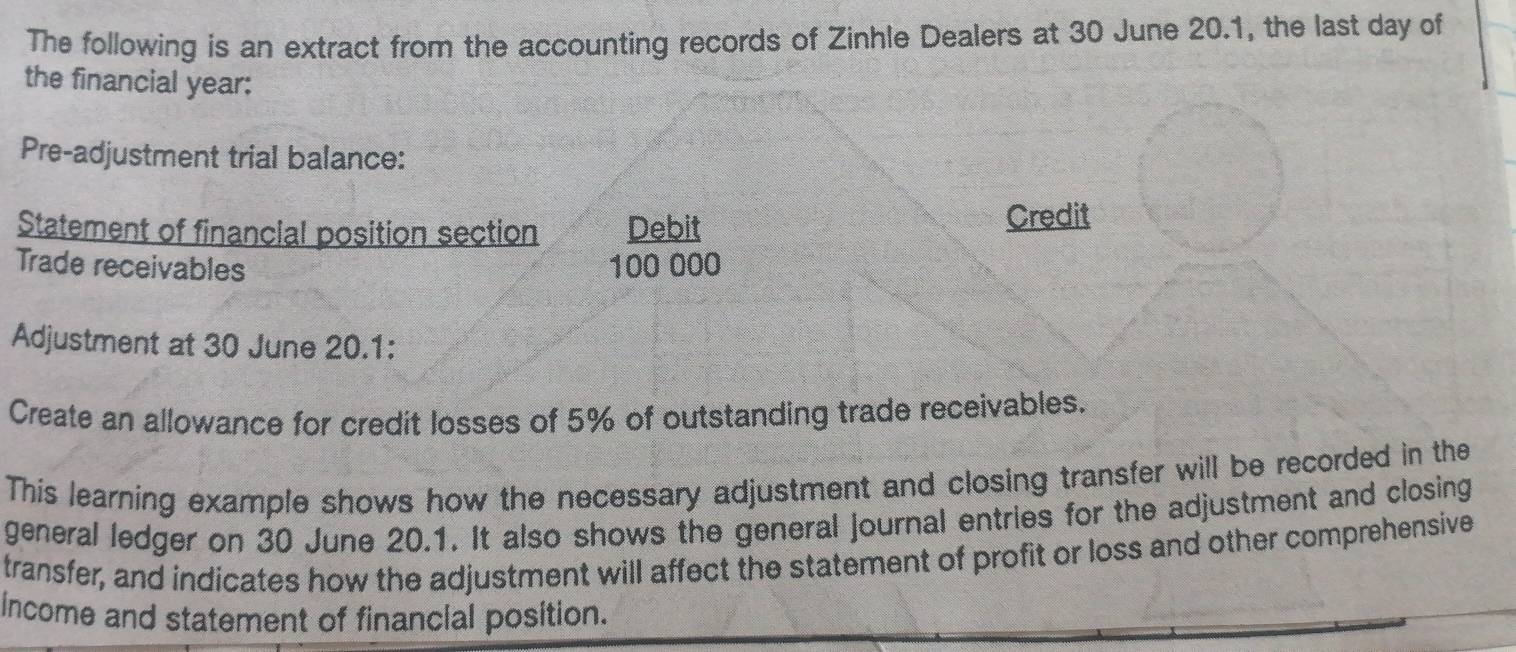 The following is an extract from the accounting records of Zinhle Dealers at 30 June 20.1, the last day of 
the financial year: 
Pre-adjustment trial balance: 
Statement of financial position section Debit Credit 
Trade receivables 100 000
Adjustment at 30 June 20.1: 
Create an allowance for credit losses of 5% of outstanding trade receivables. 
This learning example shows how the necessary adjustment and closing transfer will be recorded in the 
general ledger on 30 June 20.1. It also shows the general journal entries for the adjustment and closing 
transfer, and indicates how the adjustment will affect the statement of profit or loss and other comprehensive 
income and statement of financial position.