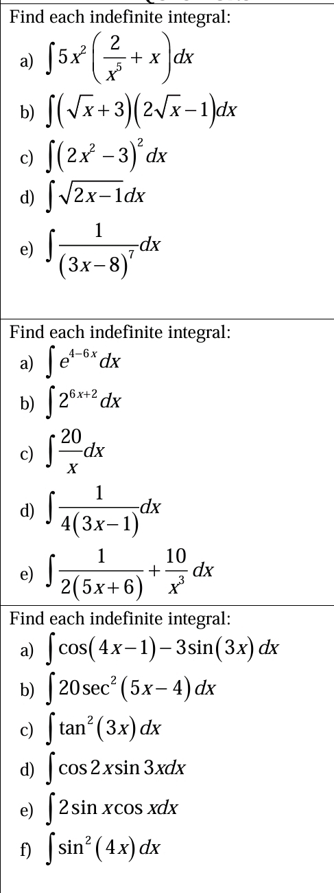 Find each indefinite integral: 
a) ∈t 5x^2( 2/x^5 +x)dx
b) ∈t (sqrt(x)+3)(2sqrt(x)-1)dx
c) ∈t (2x^2-3)^2dx
d) ∈t sqrt(2x-1)dx
e) ∈t frac 1(3x-8)^7dx
Find each indefinite integral: 
a) ∈t e^(4-6x)dx
b) ∈t 2^(6x+2)dx
c) ∈t  20/x dx
d) ∈t  1/4(3x-1) dx
e) ∈t  1/2(5x+6) + 10/x^3 dx
Find each indefinite integral: 
a) ∈t cos (4x-1)-3sin (3x)dx
b) ∈t 20sec^2(5x-4)dx
c) ∈t tan^2(3x)dx
d) ∈t cos 2xsin 3xdx
e) ∈t 2sin xcos xdx
f) ∈t sin^2(4x)dx