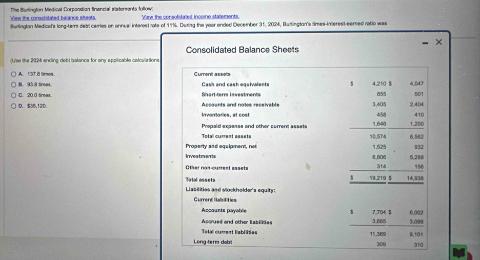 The Burlington Medical Corporation financial statements follow:
View the consolidated balance sheets. View the consolidated income statements.
Burlington Medical's long-term debt carries an annual interest rate of 11%. During the year ended December 31, 2024, Burlington's times-interest-earned ratio was
×
Consolidated Balance Sheets
(Use the 2024 ending debt balance for any applicable calculations
A. 137.8 times. Current assets
B. 93.8 times. Cash and cash equivalents $ 4,210 $ 4,047
C. 20.0 times. Short-term investments 855 501
D. $35,120. Accounts and notes receivable 3,405 2,404
Inventories, at cost 458 410
Prepaid expense and other current assets 1,646 1,200
Total current assets 8,562
10,574
Property and equipment, net 1,525 932
Investments 6,806 5,288
314
Other non-current assets 156
$
Total assets 19,219 $ 14,938
Liabilities and stockholder's equity:
Current liabilities
Accounts payable $ 7,704 $ 6,002
Accrued and other liabilities 3,665 3,099
Total current liabilities 11,369 9,101
Long-term debt 309 310