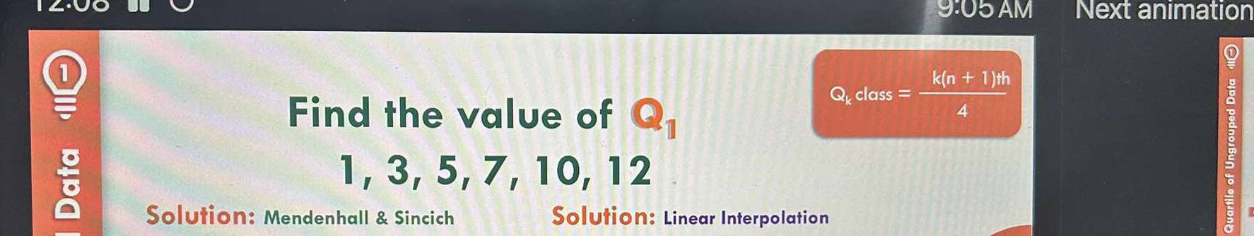 9:05 AM Next animation 
0 
Q 
I 
Find the value of Q_1
Q_kdass= (k(n+1)th)/4 
1, 3, 5, 7, 10, 12
Solution: Mendenhall & Sincich Solution: Linear Interpolation 
2