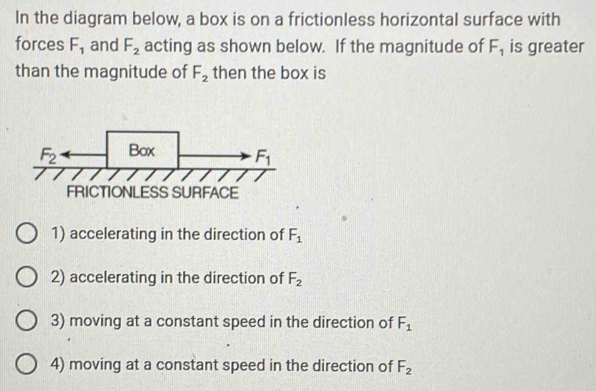 In the diagram below, a box is on a frictionless horizontal surface with
forces F_1 and F_2 acting as shown below. If the magnitude of F_1 is greater
than the magnitude of F_2 then the box is
1) accelerating in the direction of F_1
2) accelerating in the direction of F_2
3) moving at a constant speed in the direction of F_1
4) moving at a constant speed in the direction of F_2