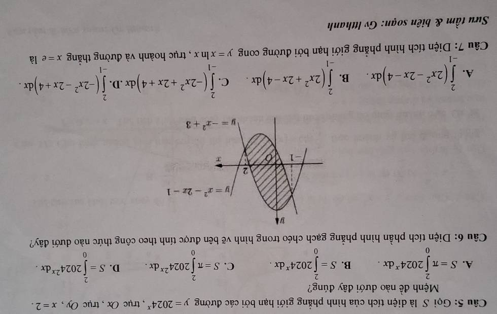 Gọi S là diện tích của hình phẳng giới hạn bởi các đường y=2024^x , trục Ox , trục Oy,x=2.
Mệnh đề nào dưới đây đúng?
A. S=π ∈tlimits _0^(22024^x)dx. B. S=∈tlimits _0^(22024^x)dx. C. S=π ∈tlimits _0^(22024^2x)dx. D. S=∈tlimits _0^(22024^2x)dx.
Câu 6: Diện tích phần hình phẳng gạch chéo trong hình vẽ bên được tính theo công thức nào dưới đây?
A. ∈tlimits _(-1)^2(2x^2-2x-4)dx. B. ∈tlimits _0^(2(2x^2)+2x-4)dx. C. ∈tlimits _-^2(-2x^2+2x+4)dx .D. ∈tlimits _(-1)^2(-2x^2-2x+4)dx.
-1
-1
Câu 7: Diện tích hình phẳng giới hạn bởi đường cong y=xln x , trục hoành và đường thắng x=e là
Sưu tầm & biên soạn: Gv ltthanh