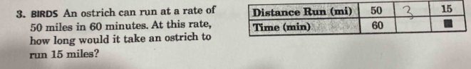 BIRDS An ostrich can run at a rate of
50 miles in 60 minutes. At this rate, 
how long would it take an ostrich to 
run 15 miles?