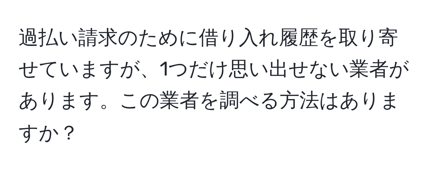 過払い請求のために借り入れ履歴を取り寄せていますが、1つだけ思い出せない業者があります。この業者を調べる方法はありますか？