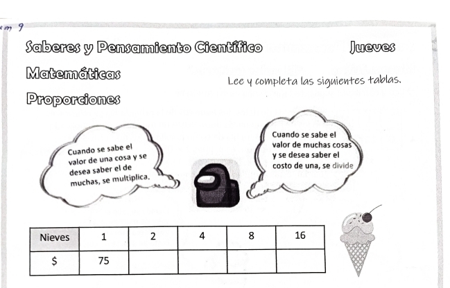 Saberes y Pensamiento Científico Jueves 
Matemáticas 
Lee y completa las siguientes tablas. 
Proporciones 
Cuando se sabe el 
Cuando se sabe el 
valor de muchas cosas 
valor de una cosa y se 
y se desea saber el 
desea saber el de 
costo de una, se divide 
muchas, se multiplica.