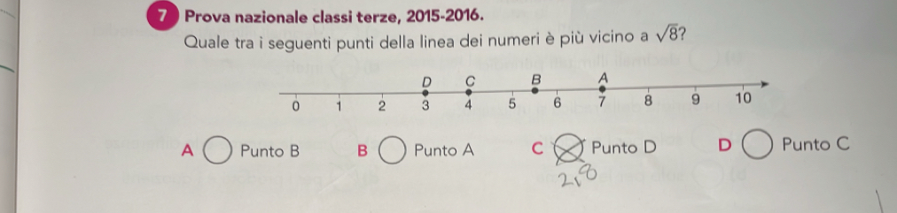 Prova nazionale classi terze, 2015-2016.
Quale tra i seguenti punti della linea dei numeri è più vicino a sqrt(8) 2
A Punto B B Punto A C Punto D D Punto C