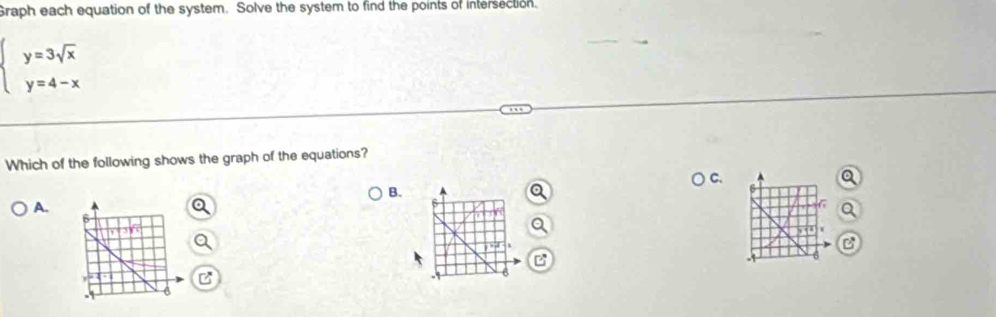 Graph each equation of the system. Solve the system to find the points of intersection.
beginarrayl y=3sqrt(x) y=4-xendarray.
Which of the following shows the graph of the equations? 
C. 
B. 
A. 
C 
6 
C 
6 
. 
6