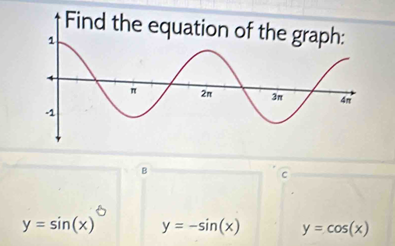 B
C
y=sin (x)^circ  y=-sin (x)
y=cos (x)