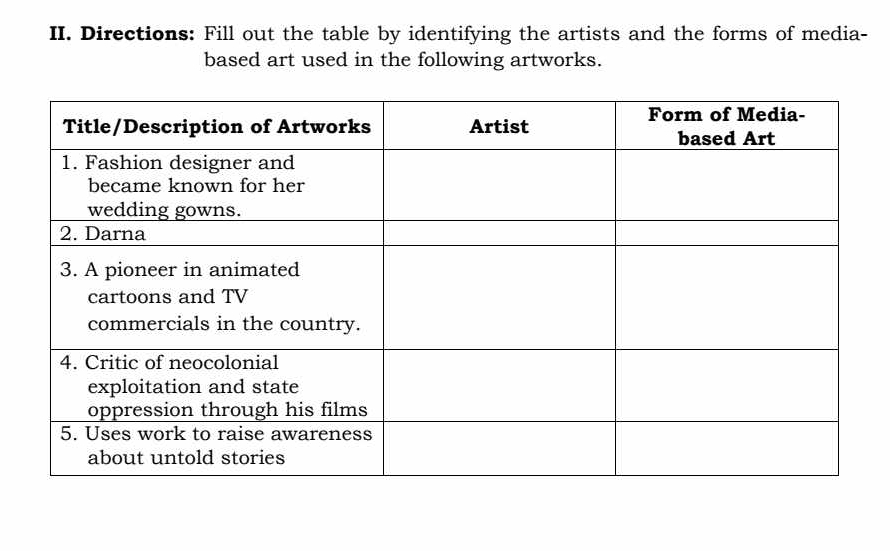 Directions: Fill out the table by identifying the artists and the forms of media- 
based art used in the following artworks.