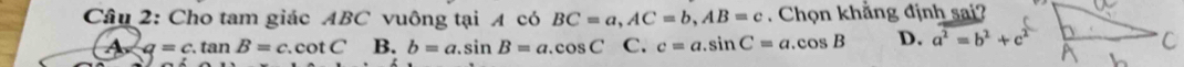 Cho tam giác ABC vuông tại A có BC=a, AC=b, AB=c. Chọn khẳng định sai?
A q=c.tan B=c.cot C B. b=a.sin B=a.cos C C. c=a.sin C=a.cos B D. a^2=b^2+c^2