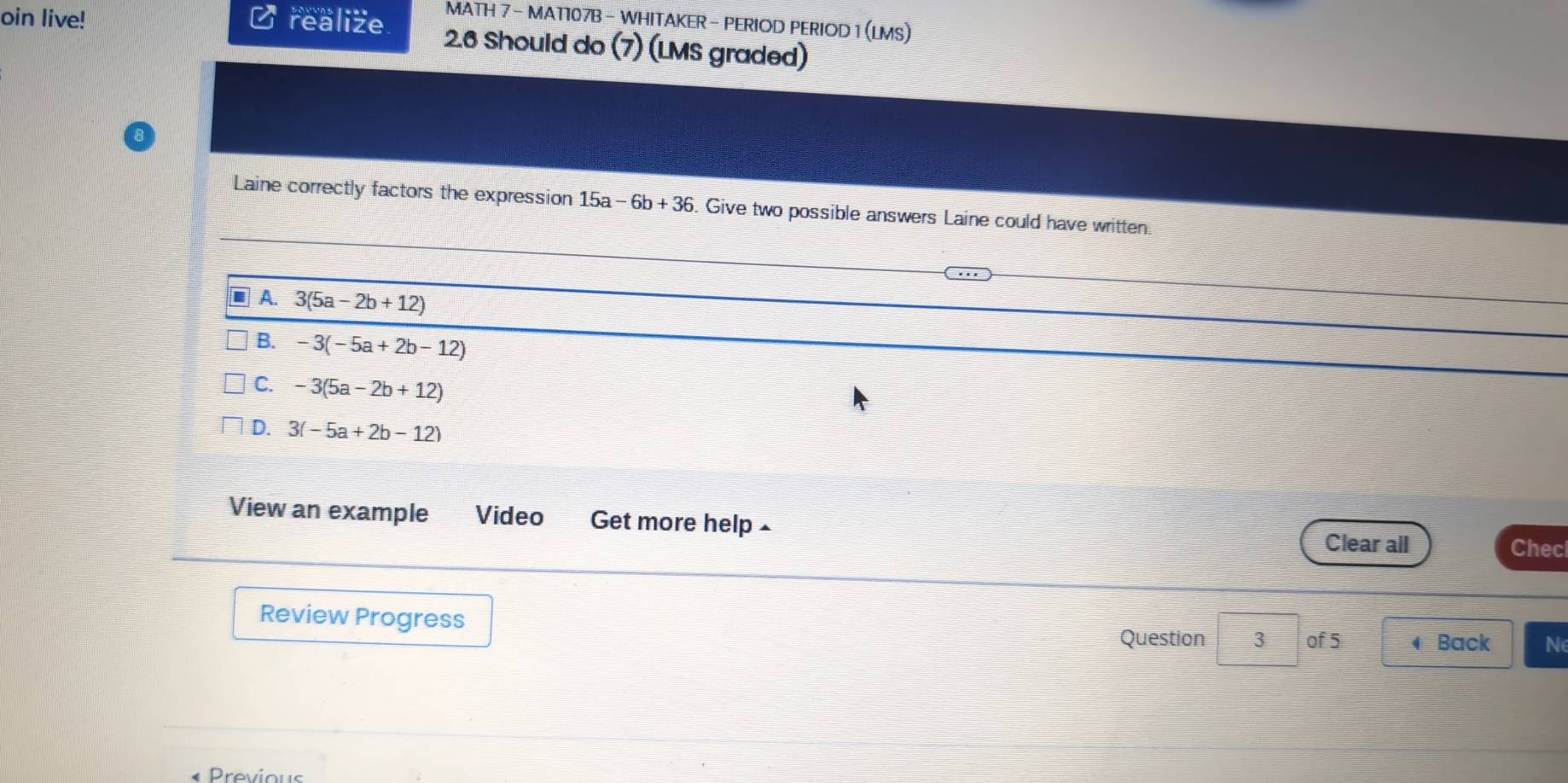 Solved: MATH 7 - MAT107B - WHITAKER - PERIOD PERIOD 1 (LMS) oin live! C ...