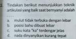 Tindakan berikut menunjukkan teknik
artikulasi yang baik saat bernyanyi adalah
a mulut tidak terbuka dengan lebar
b. posisi bahu dibuat lebar
c. suku kata ''kə'' terdengar jelas
d. nada dinyanyikan kurang tepat