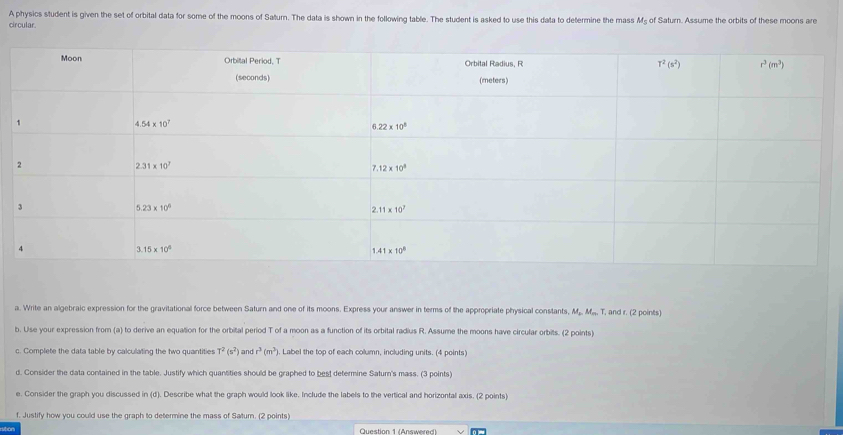 Solved: A physics student is given the set of orbital data for some of ...