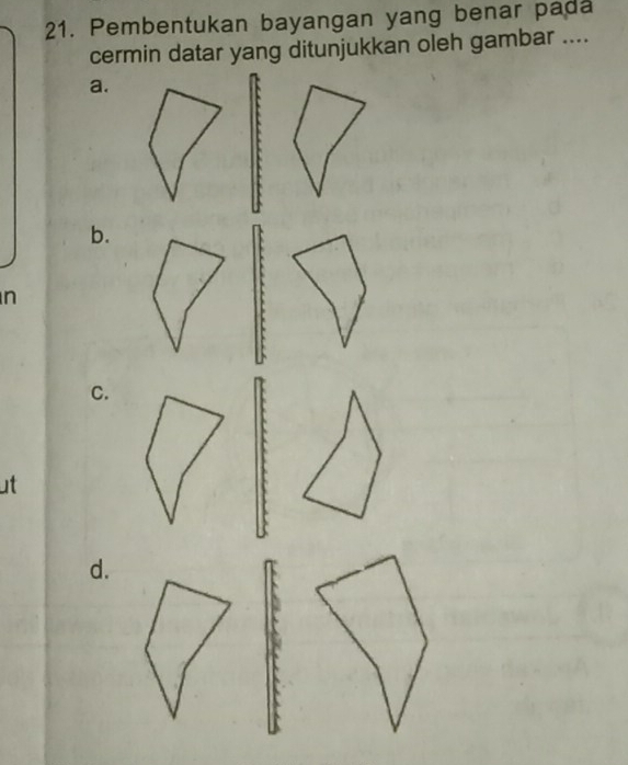 Pembentukan bayangan yang benar pada
cermin datar yang ditunjukkan oleh gambar ....
a.
b.
n
C.
ut
d.