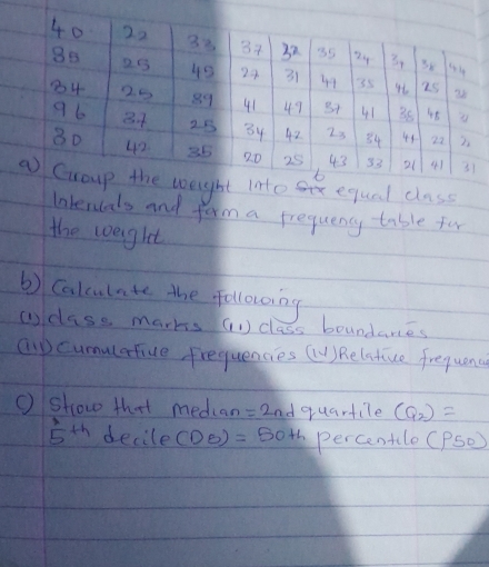 latenicals and form a frequency table for 
the woeiglet 
b) Calculate the following 
c)clase marks (1) class boundanes 
aDcumulerfiue, frequencies (U) Relatice frequanca 
O show that median =2nd quartile (Q_2)=
5^(th) decile(DB)=50+h percentle P50)