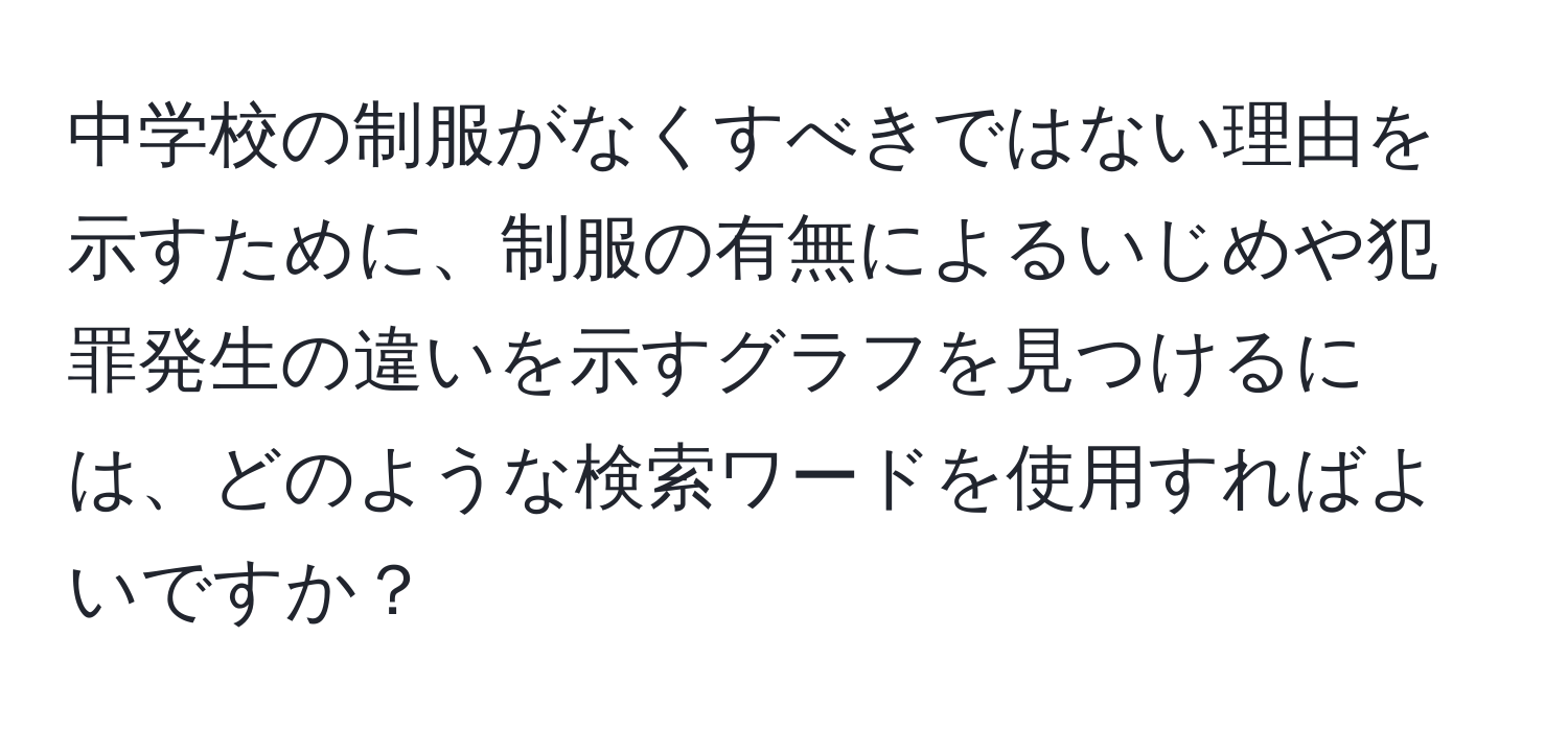 中学校の制服がなくすべきではない理由を示すために、制服の有無によるいじめや犯罪発生の違いを示すグラフを見つけるには、どのような検索ワードを使用すればよいですか？