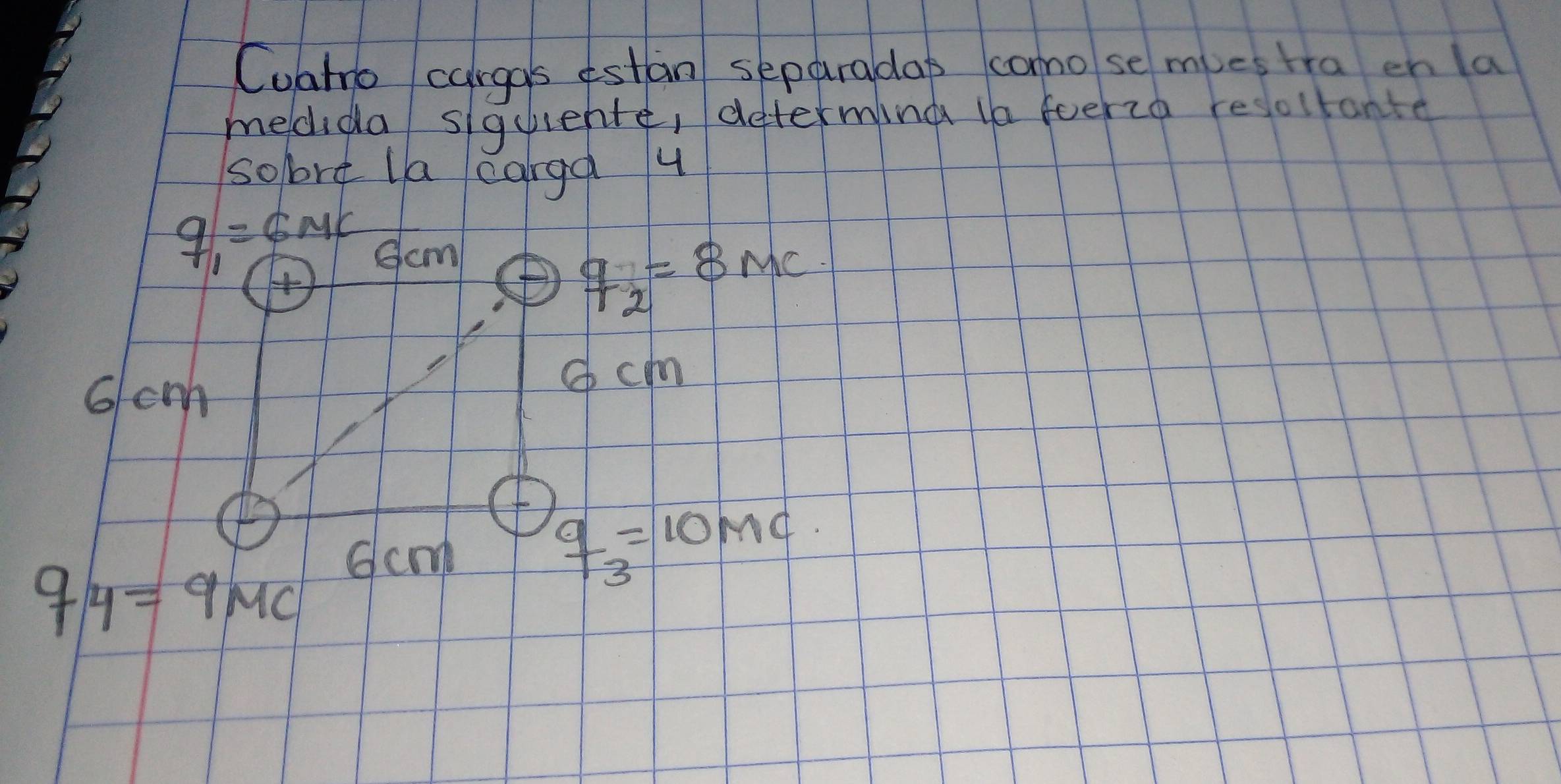 Coato carggs estan separadap camo se mies tra en la
medida siguiente, determing tn foerza resoltante
sobre la cargd 4
q_1=6mc Scm ④ q_2=8mc
6cmh
c cm
④ q_3=10MC
Gcm
9/4=9MC